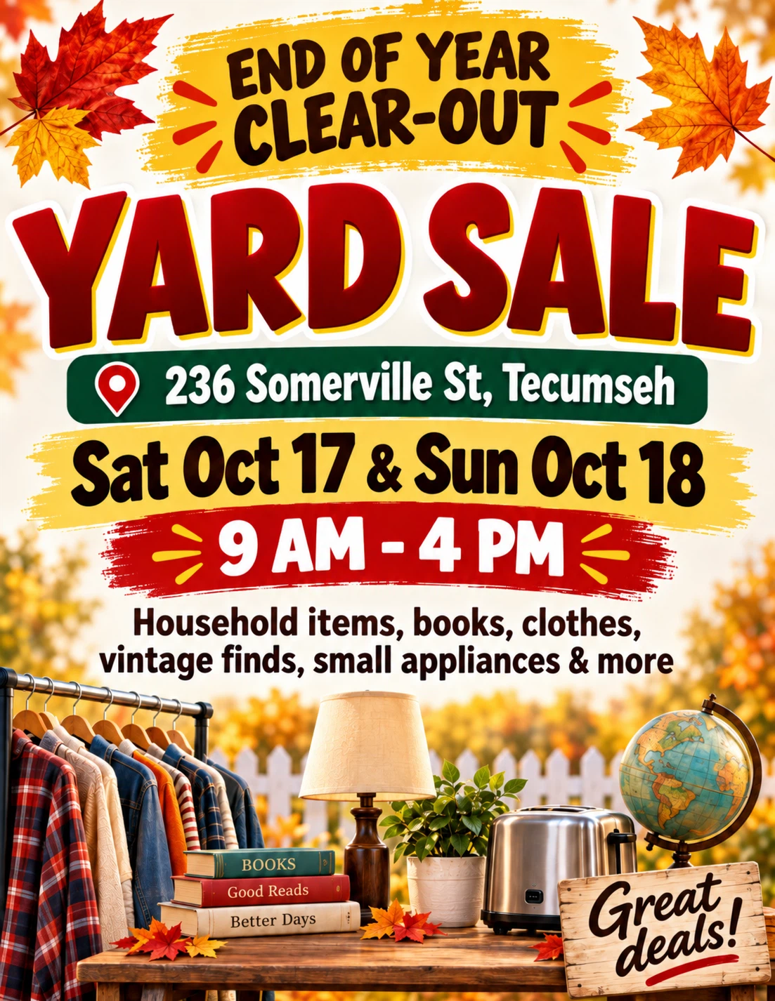 Huge End of Year Yard Sale – Oct 17 & 18 – Tecumseh