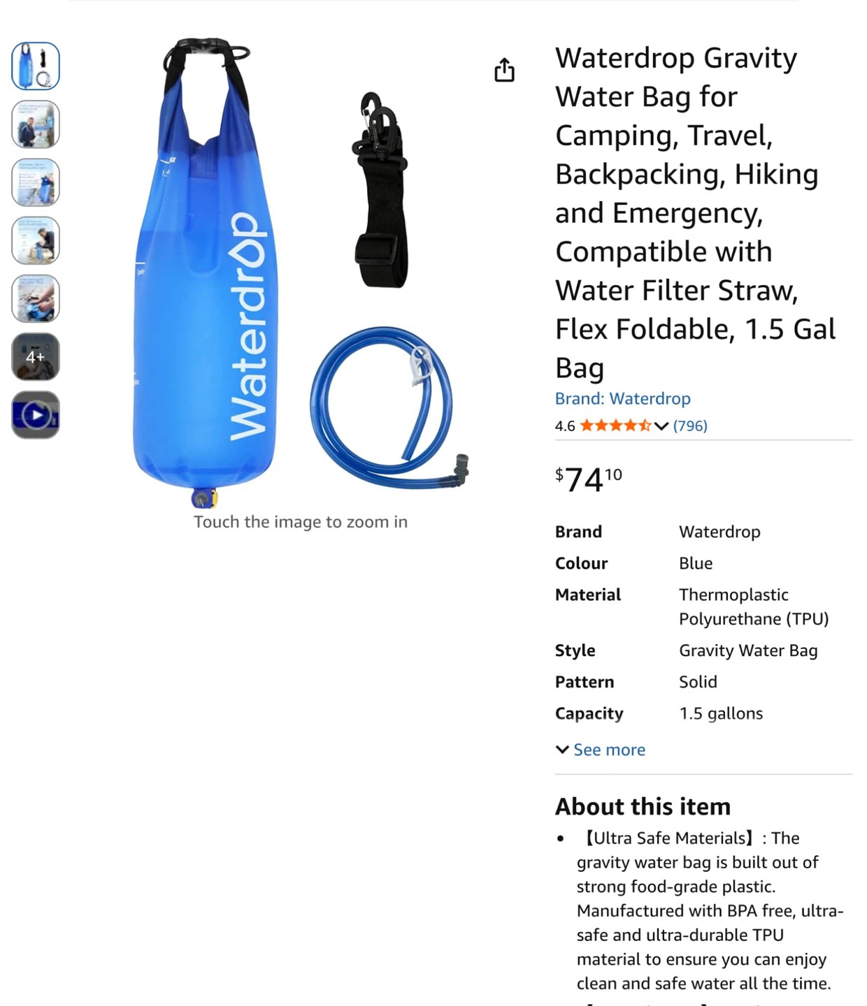 New Waterdrop Gravity Water Bag 1.5 Gallon