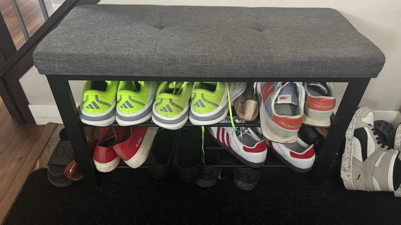 Grey Upholstered Shoe Storage Bench - 2 shelves - photo 3