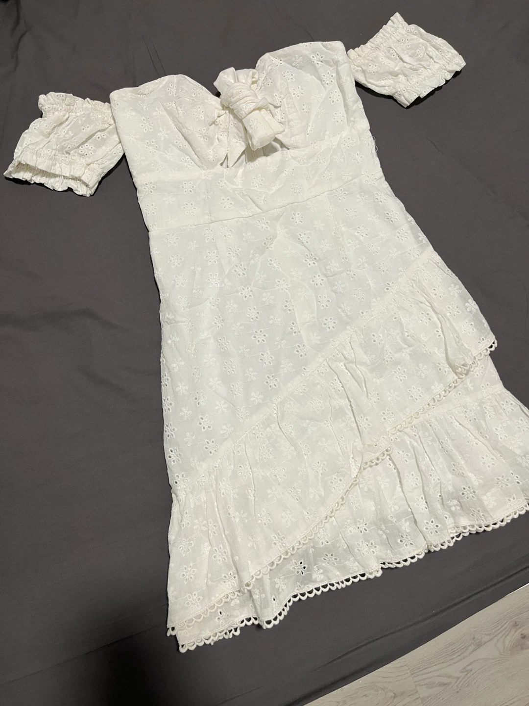 Fashion Nova White Eyelet Off-Shoulder Mini Dress — Size XS - photo 4
