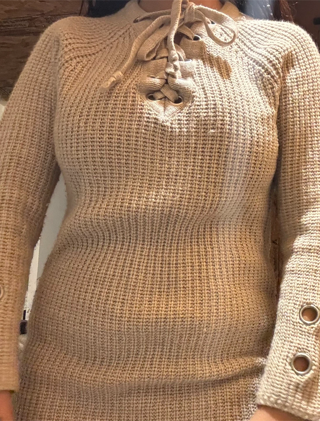Beige lace-up knit sweater