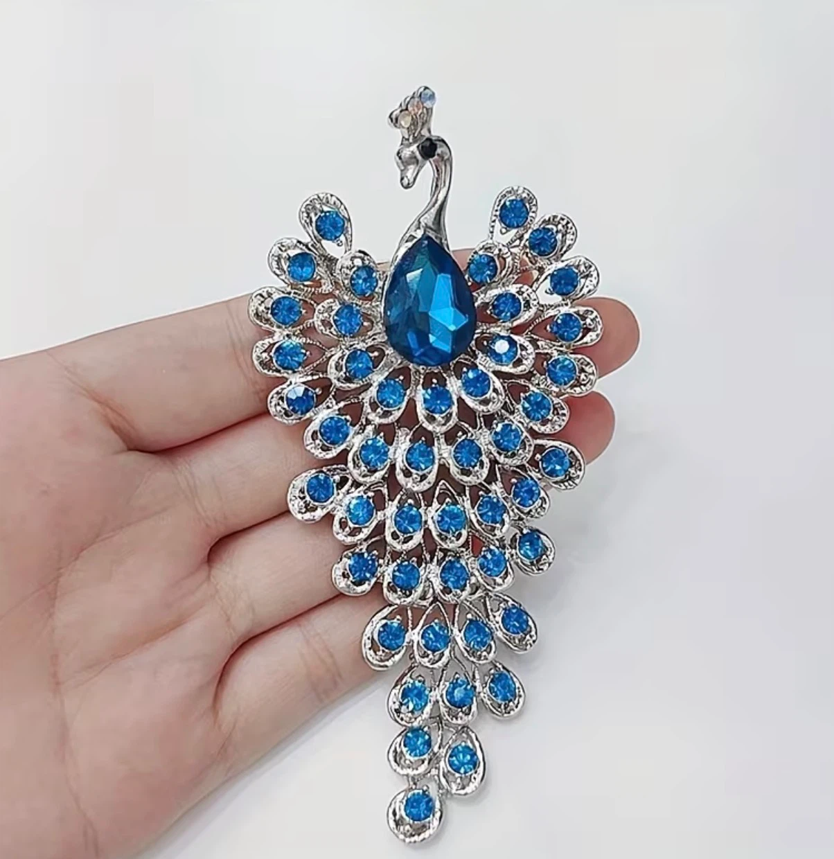 Peacock Brooch with Blue Rhinestones