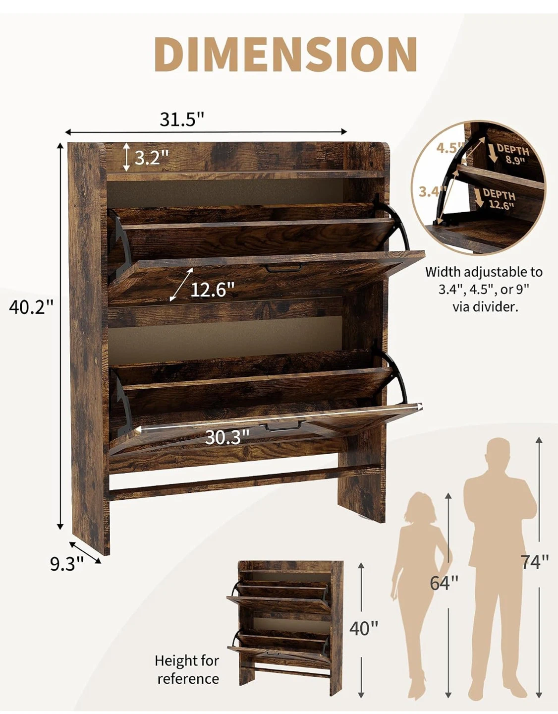 Shoe Cabinet with 2 Flip Drawers – Rustic Brown (Like New) - photo 4