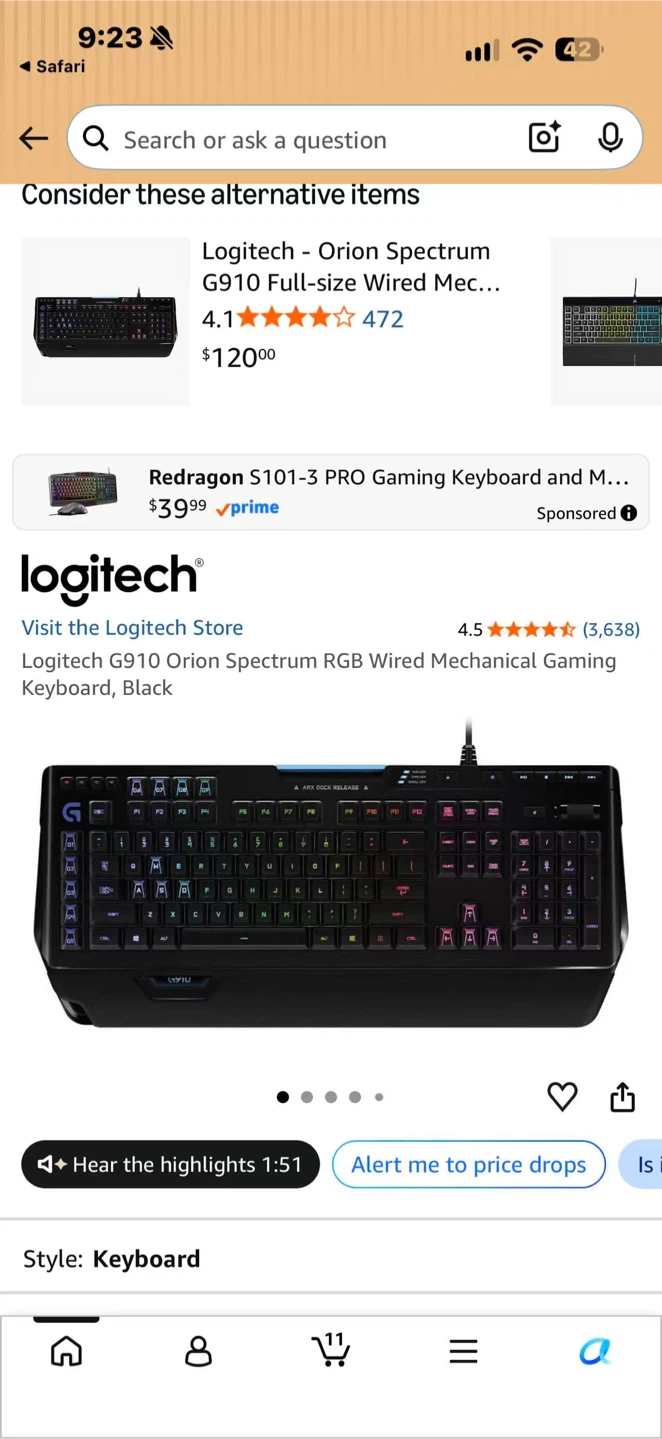 Logitech G910 Orion Spectrum Mechanical Keyboard