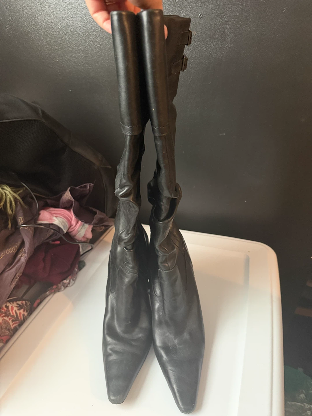 Black leather stiletto boots