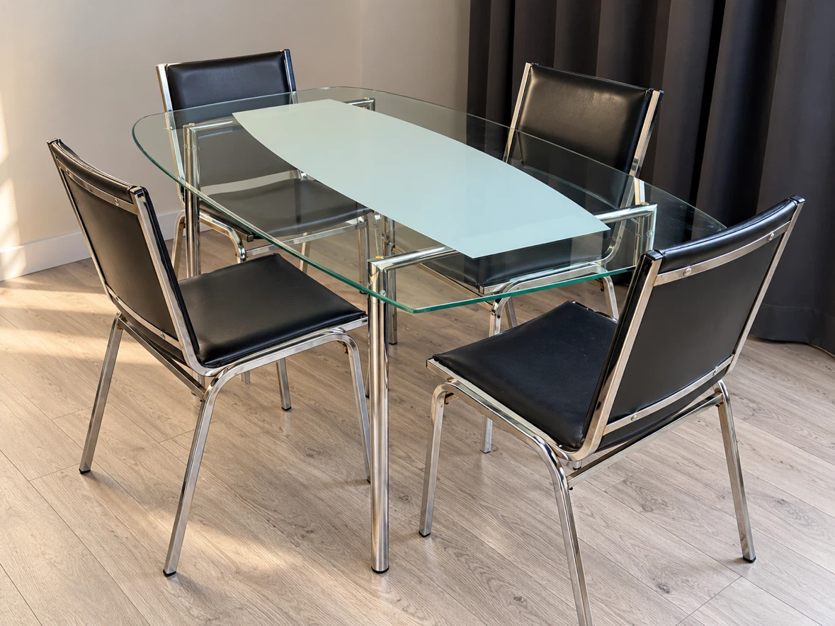 Glass Dining Table with 4 Black Chairs