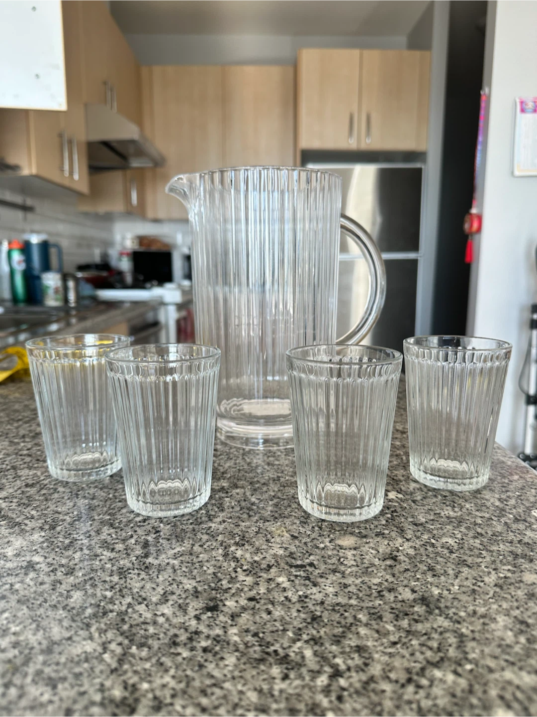 Plastic Pitcher and 4 Matching Ikea Glass Tumbler Set