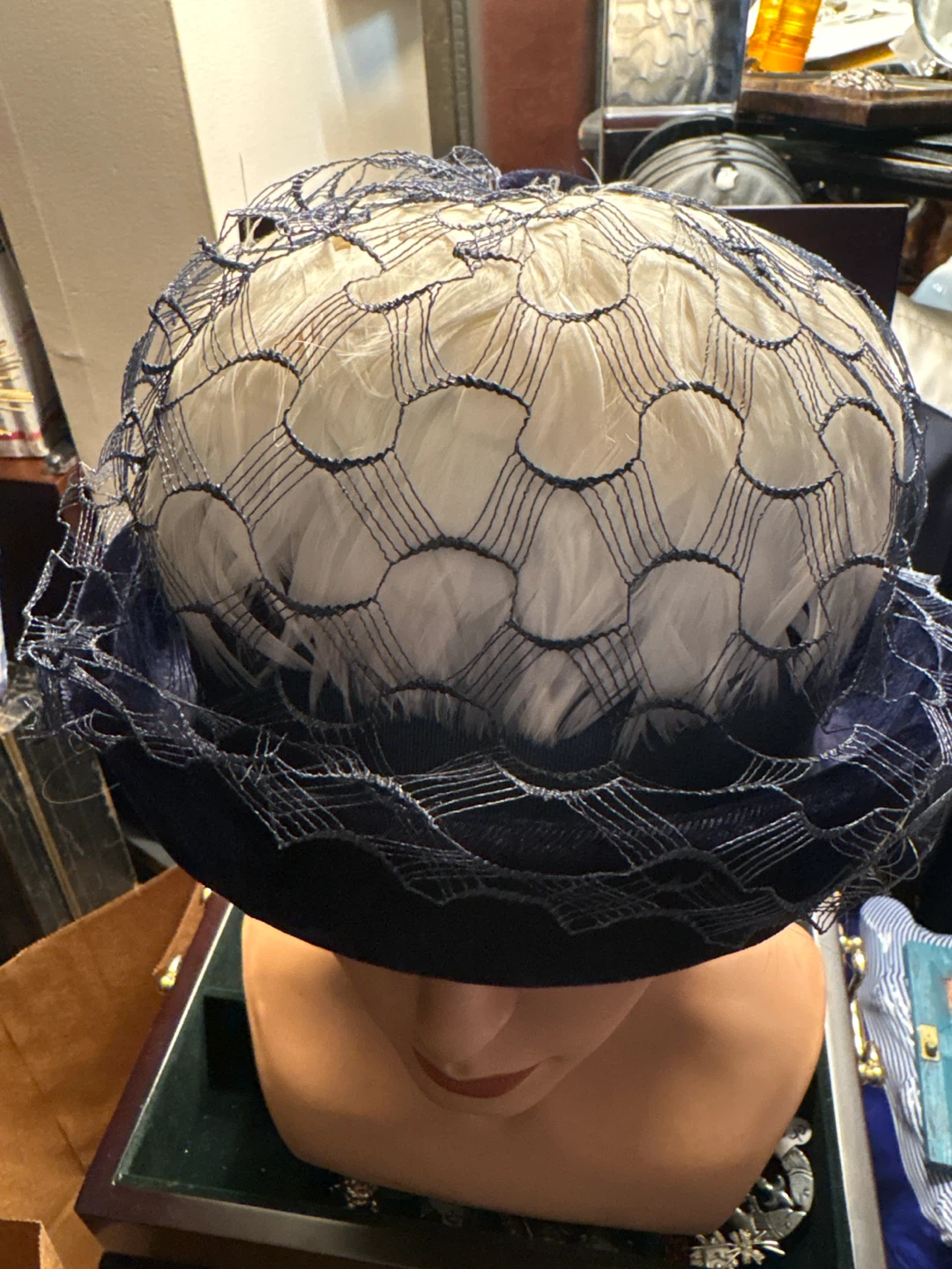 Vintage Navy Blue Hat with White Feathers