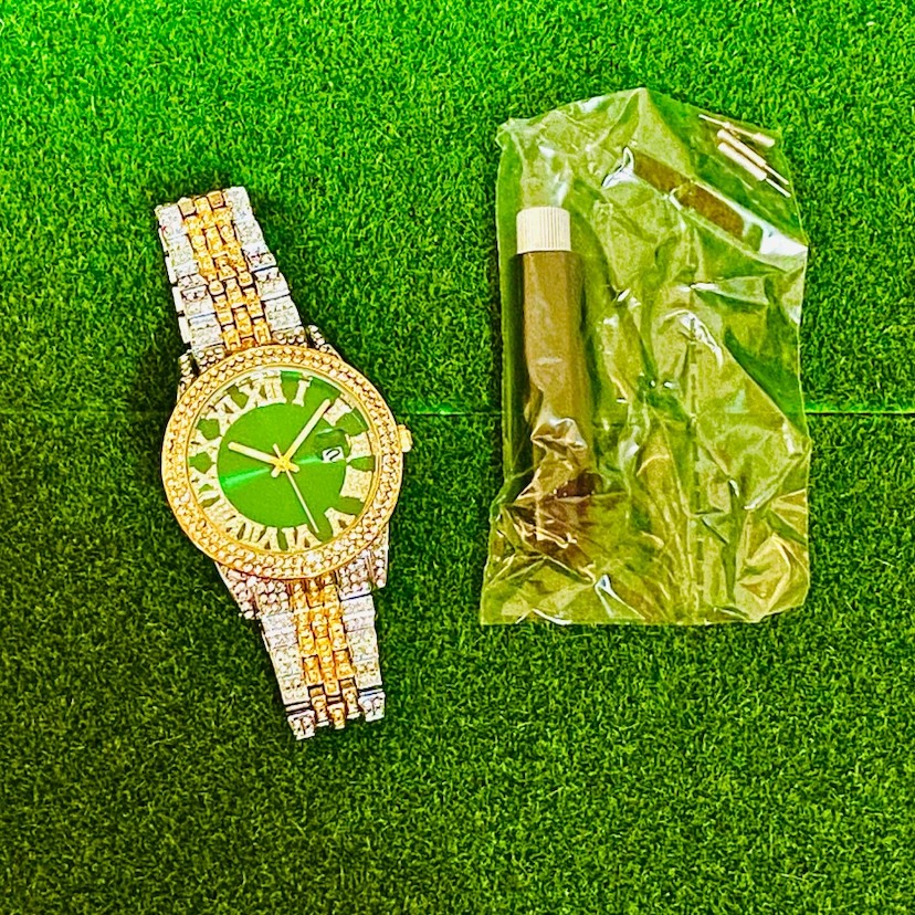 Green Luxury-Style Rhinestone Watch | Gold / Silver Tone