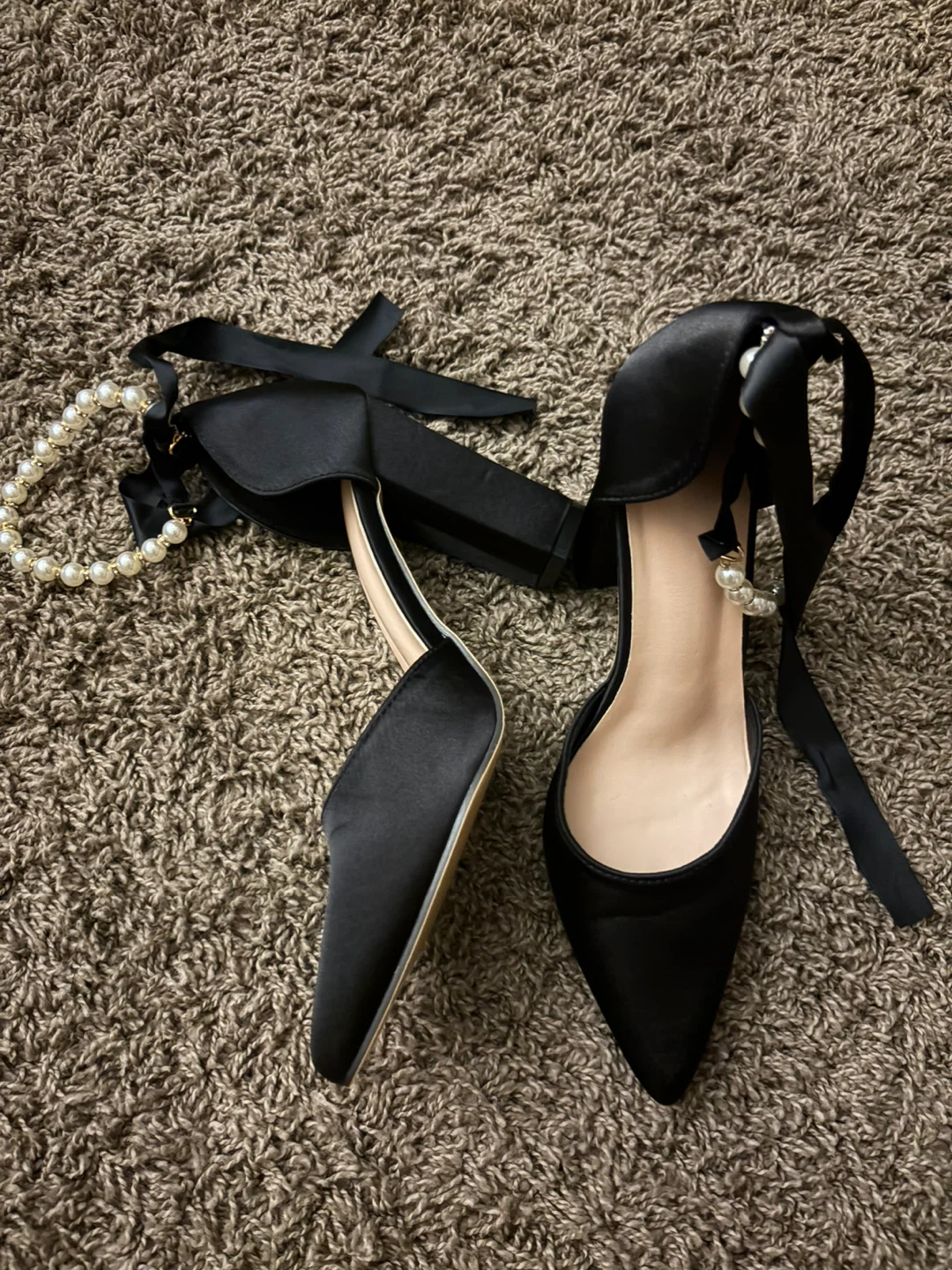 Black Satin Pearl Tie-Up Heels