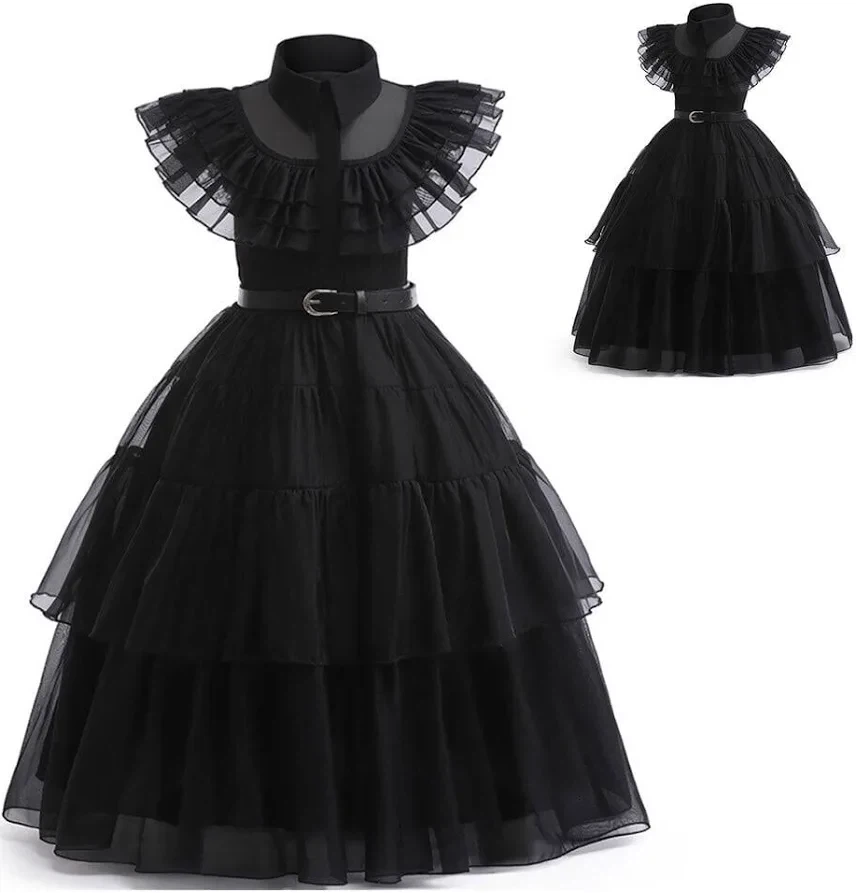 Wednesday Black tiered ruffled dress with belt