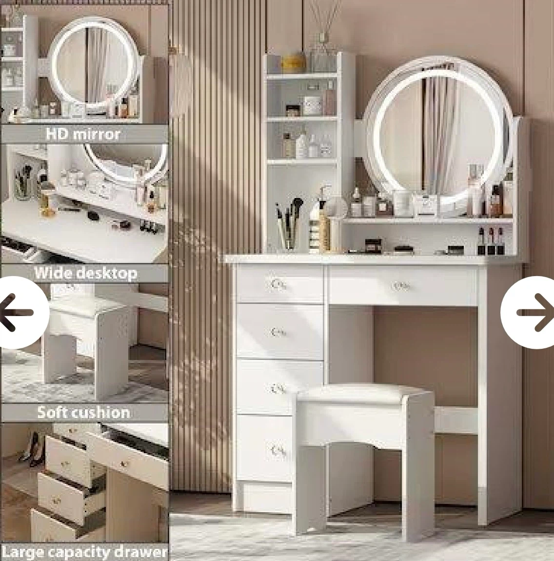 White Vanity Desk with LED Mirror