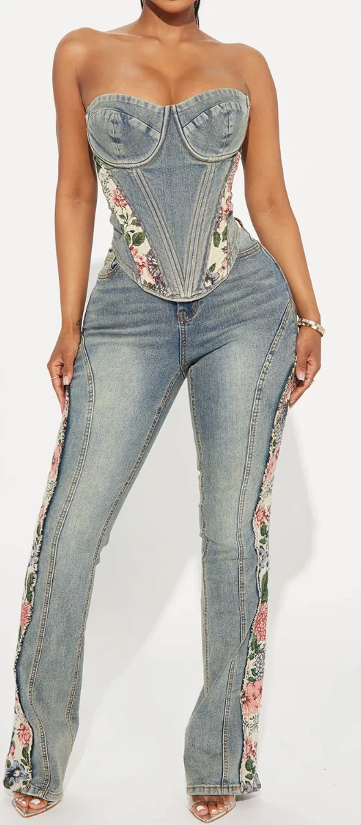 Fashion Nova Denim Corset with Floral Side Panels