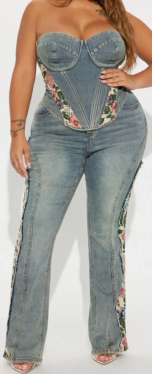 Fashion Nova Denim Corset with Floral Side Panels - photo 2