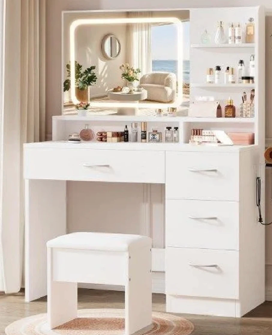 White Vanity Table with LED Mirror and Stool