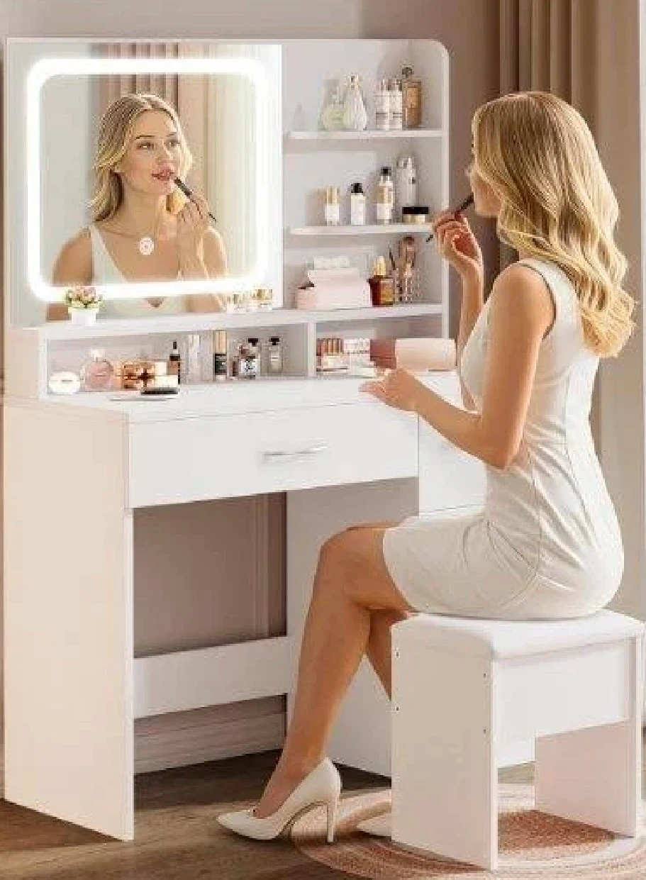 White Vanity Table with LED Mirror and Stool - photo 2