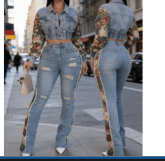 Floral Denim Crop Jacket and Jeans Set