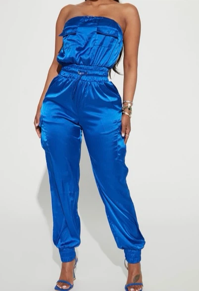 Fashion Nova Blue Satin Cargo Jumpsuit