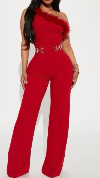 Fashion Nova Red Feather One-Shoulder Jumpsuit