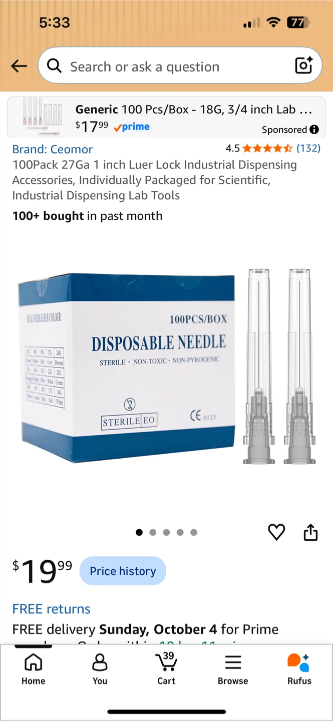 Ceomor 100 Pack 27Ga 1 inch Luer Lock Industrial Needles