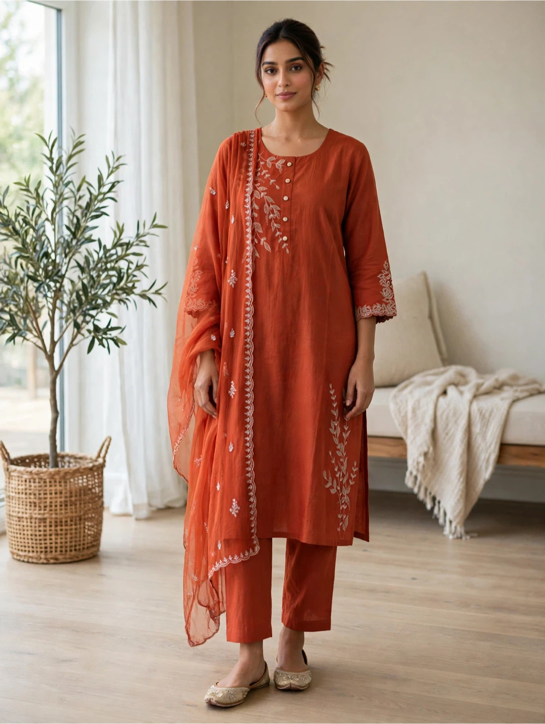 Rust Orange Embroidered Kurta Set