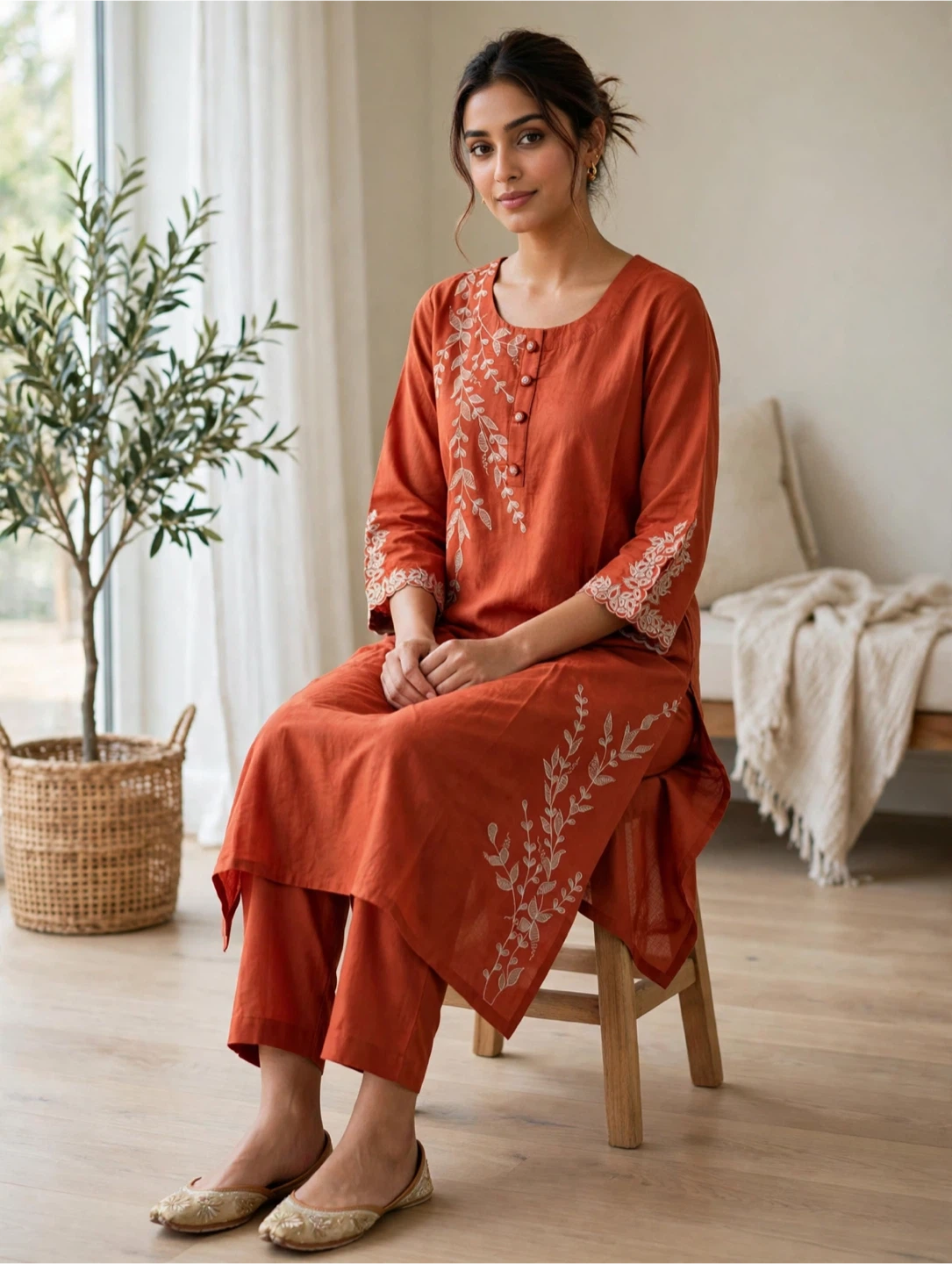 Rust Orange Embroidered Kurta Set - photo 2