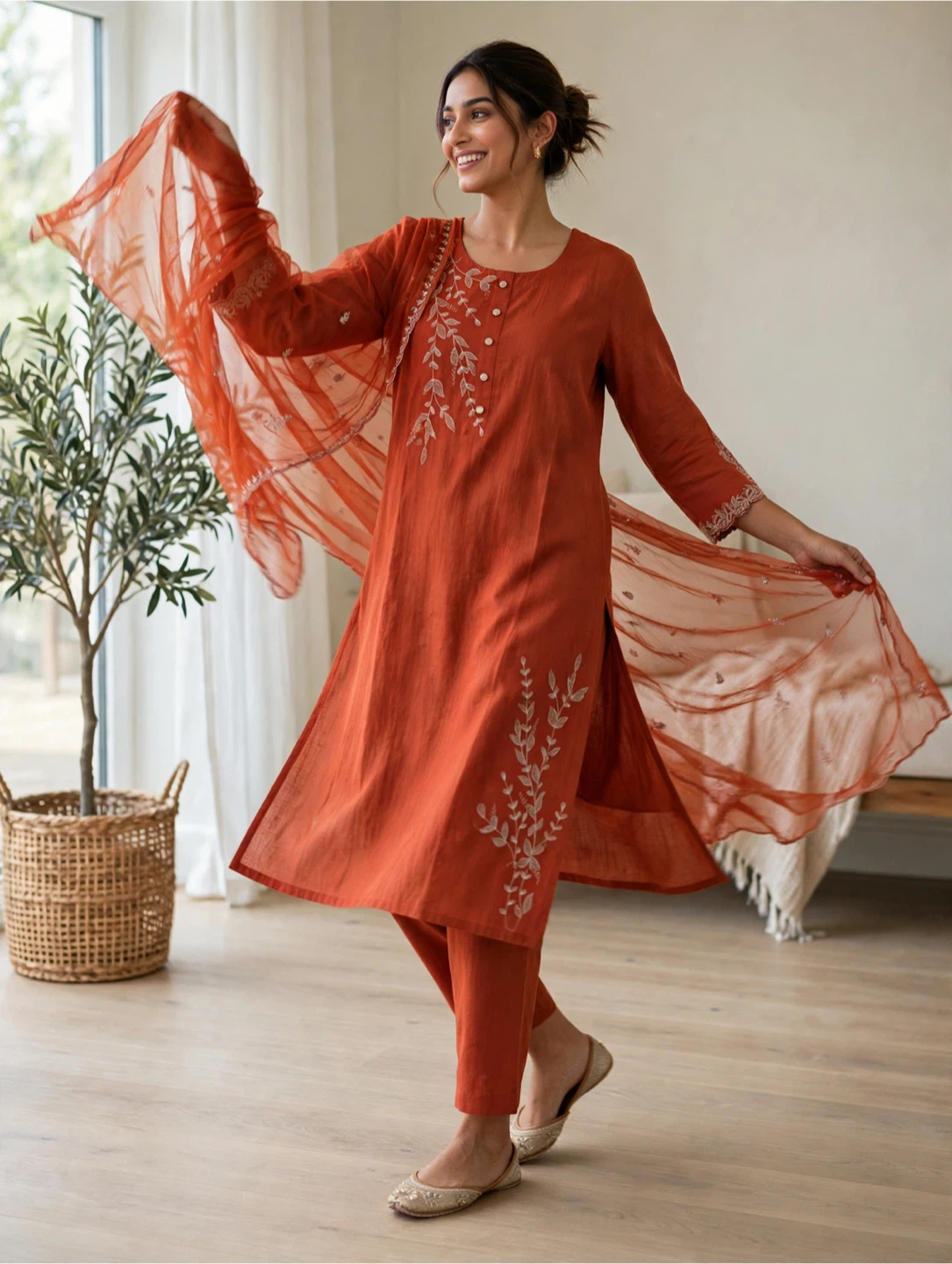 Rust Orange Embroidered Kurta Set - photo 4