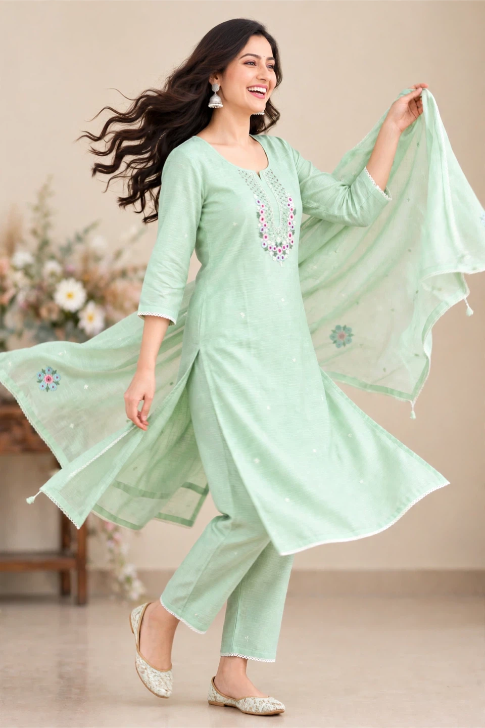 Mint Green Embroidered Kurta Set - photo 3
