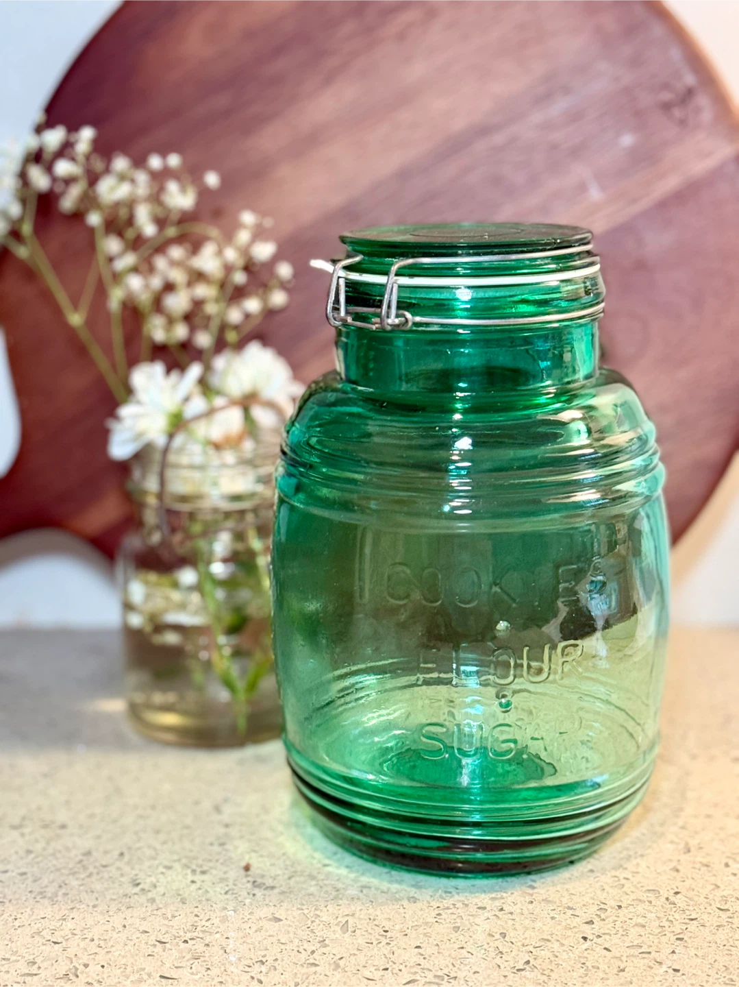 Vintage Green Glass Cracker Barrel Jar - 2 Qt