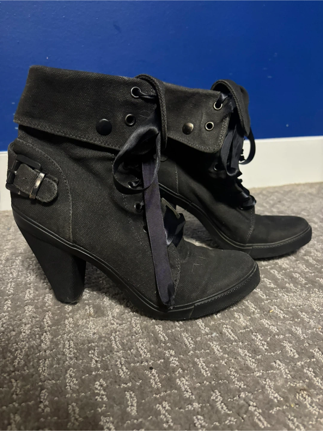 Black Canvas Ankle Boots with Ribbon Laces