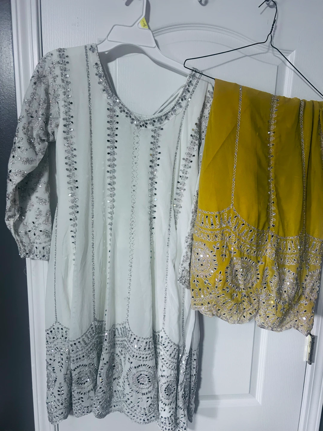 White and Mustard Mirror Work Suit
