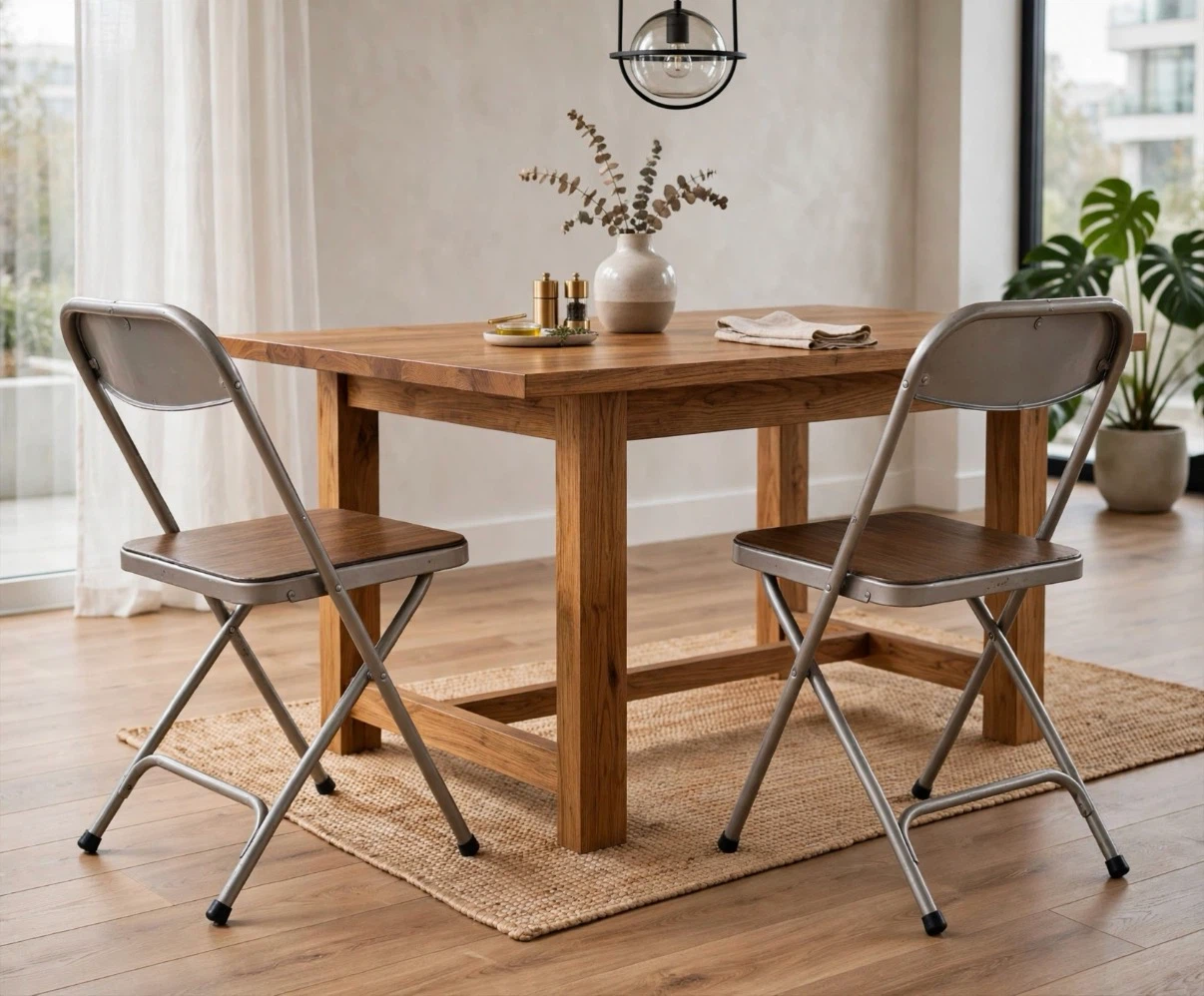 Folding Chairs Set of 2 - Metal Frame, Wood Grain Seats