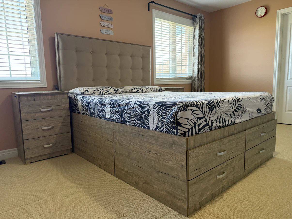 Storage bed, mattress,dresser with mirror, nighttables