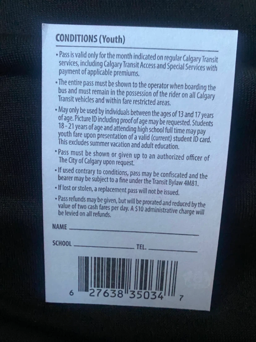 Calgary Transit Youth Pass - October 2026 - photo 2