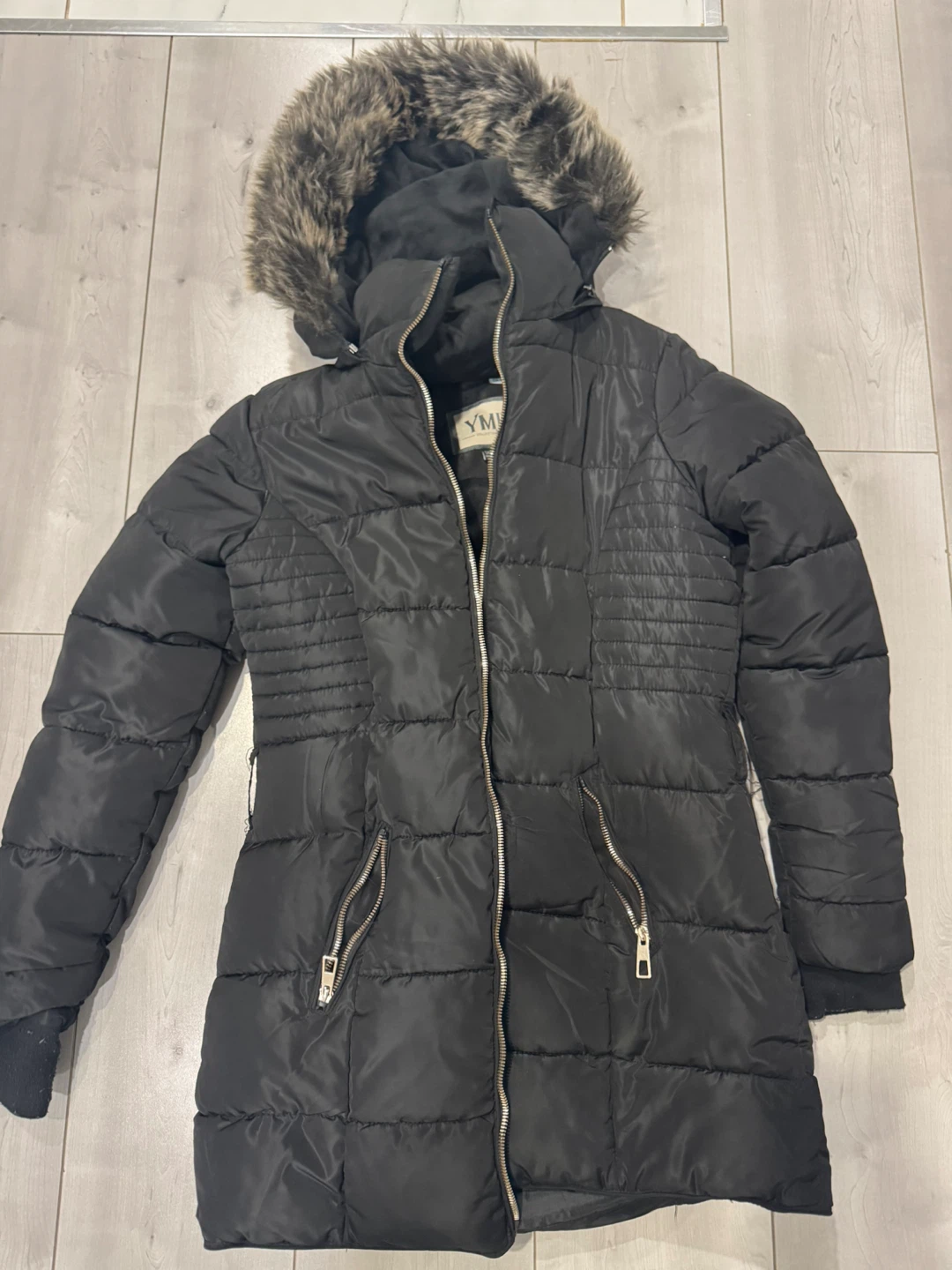 YM Black Puffer Jacket with Faux Fur Hood
