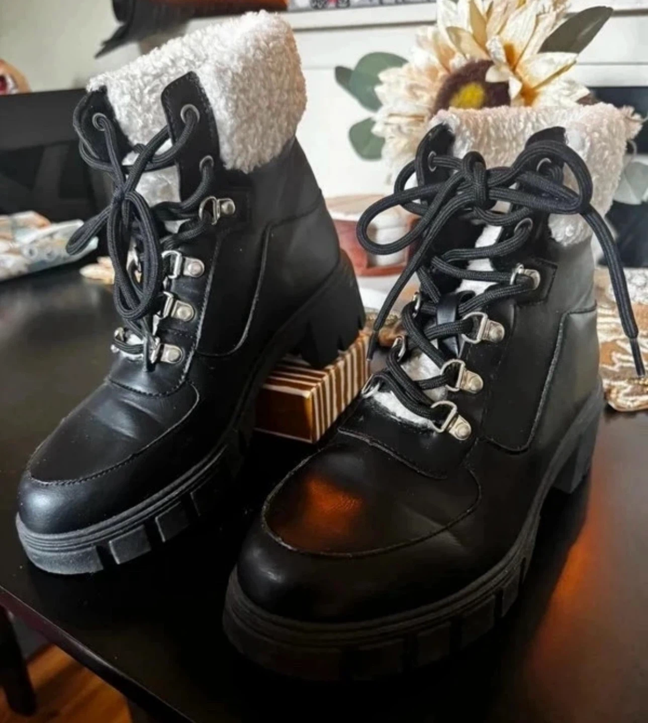 Black Lace-Up Sherpa Lined Boots