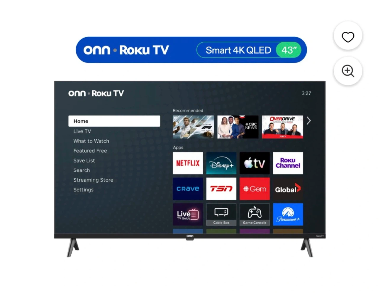 Onn 43 inch Smart 4K QLED Roku TV