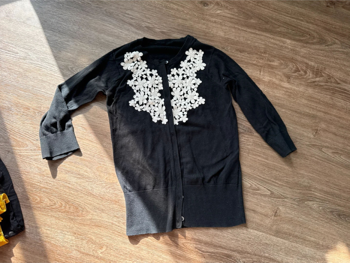 Black Cardigan with White Floral Lace Detail