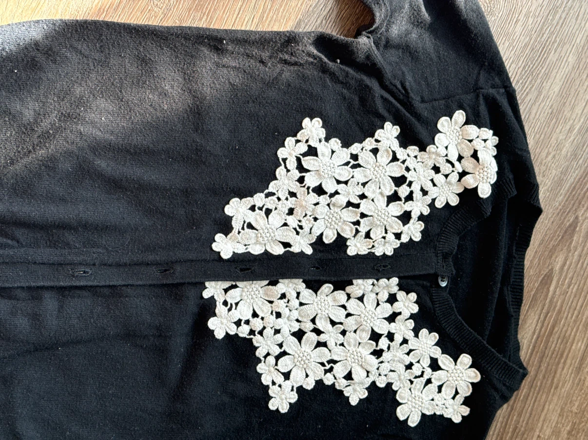 Black Cardigan with White Floral Lace Detail - photo 2