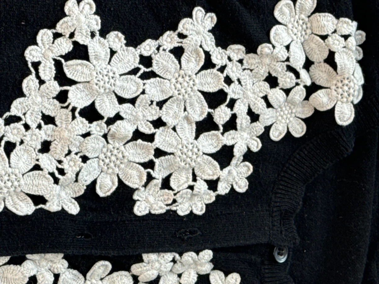 Black Cardigan with White Floral Lace Detail - photo 3