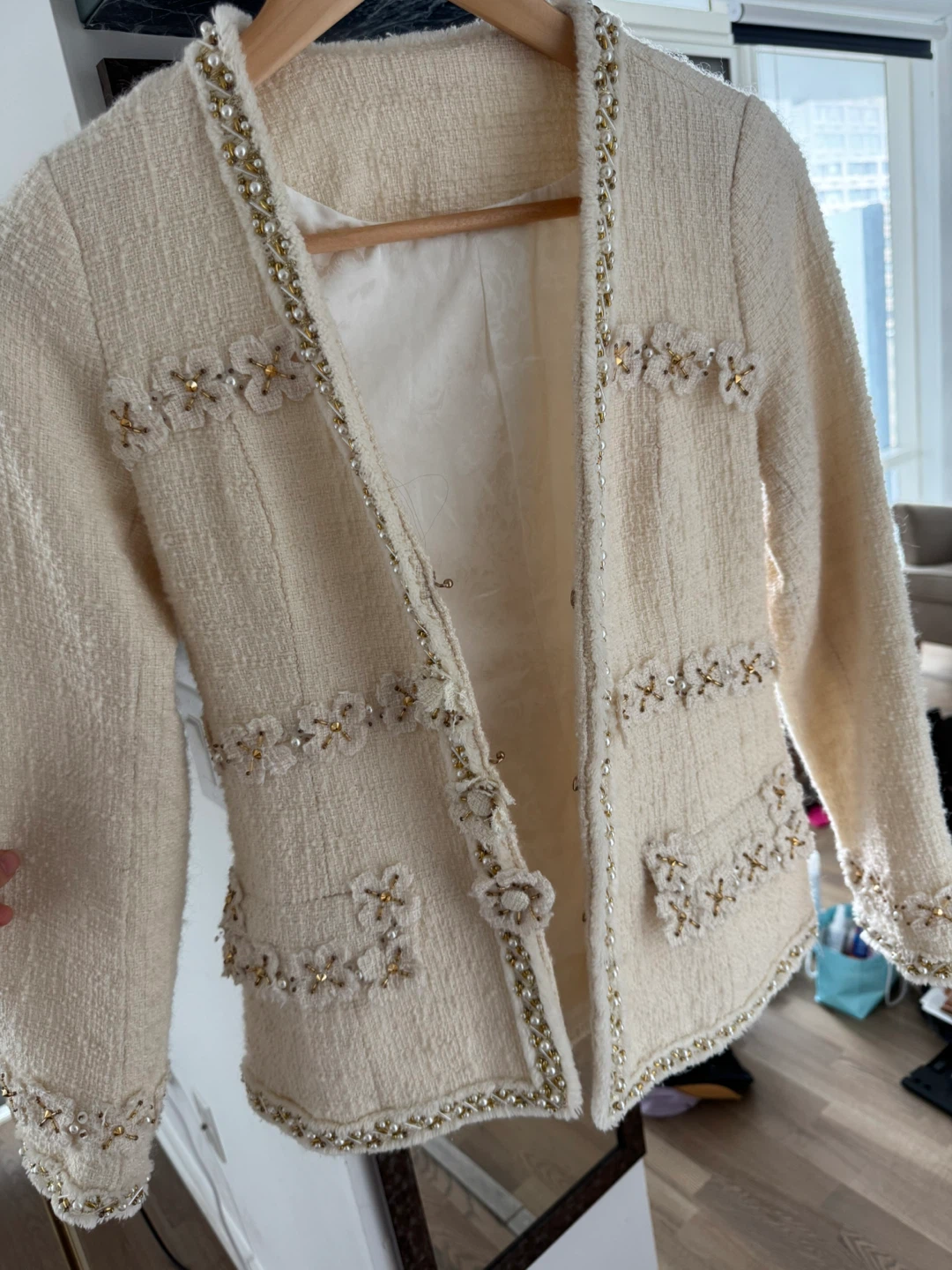 Chanel inspired Designer’s Cream Beaded Tweed Blazer