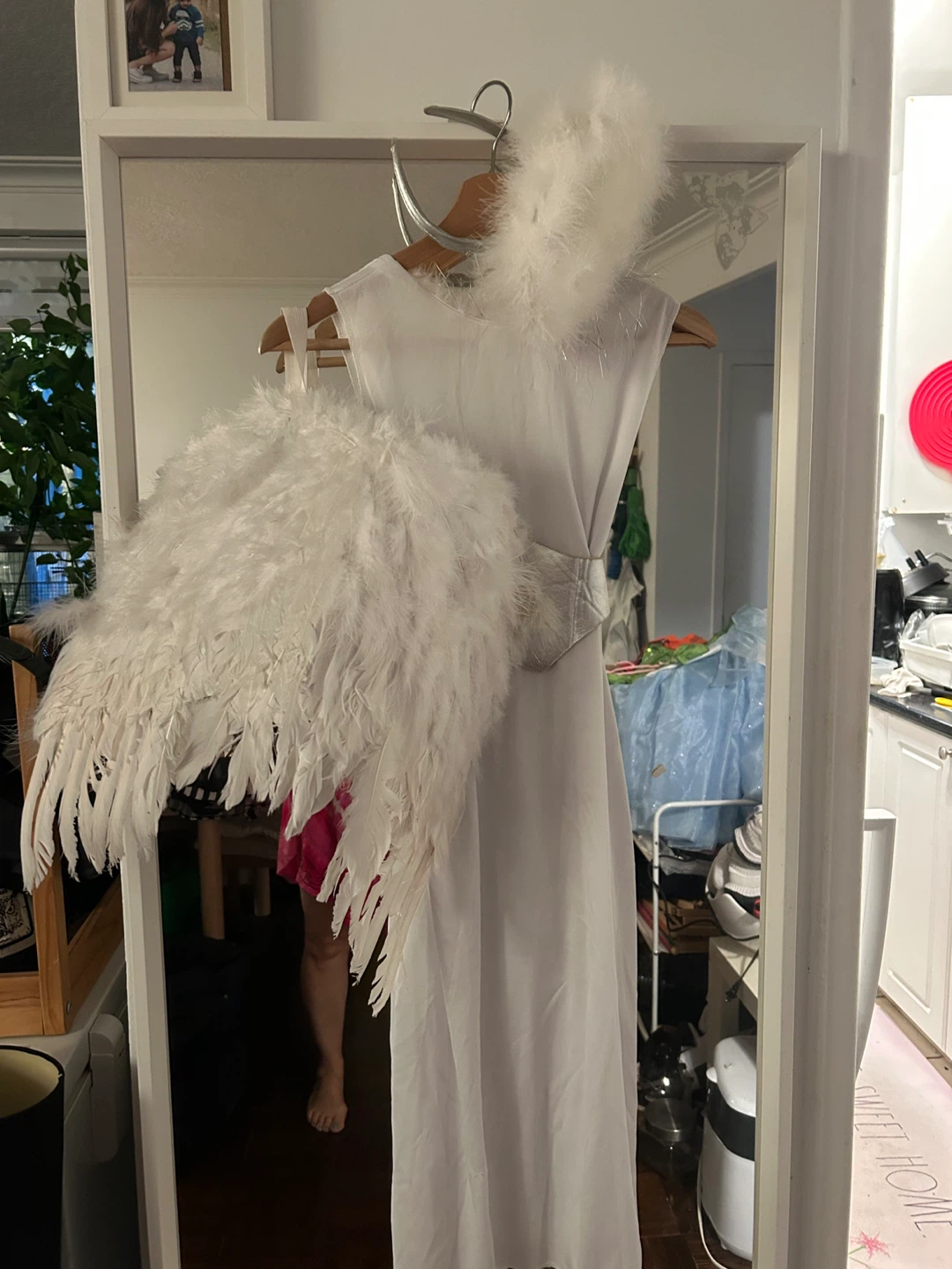 Girls Angel Halloween Costume silver belt , Feather Wings & Halo - photo 4