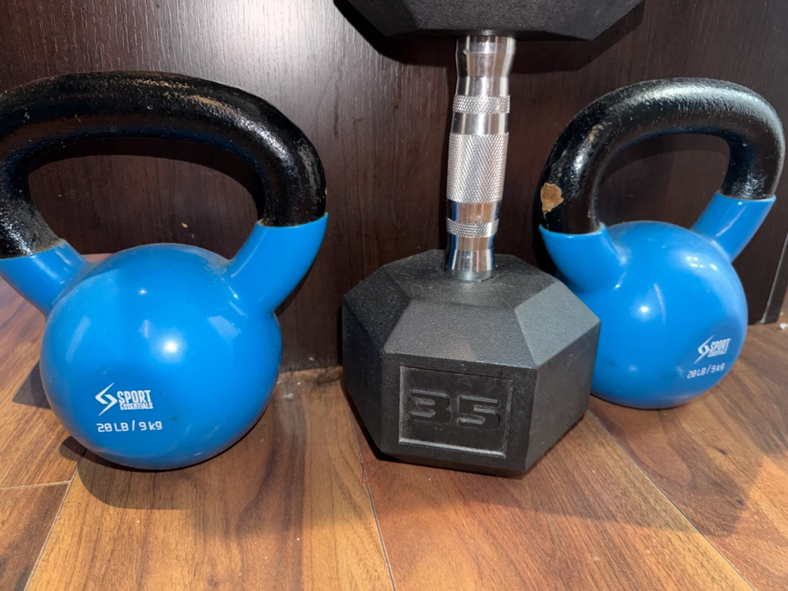 75 lb Weight Set – 35 lb Dumbbell + Two 20 lb Kettlebells – $55