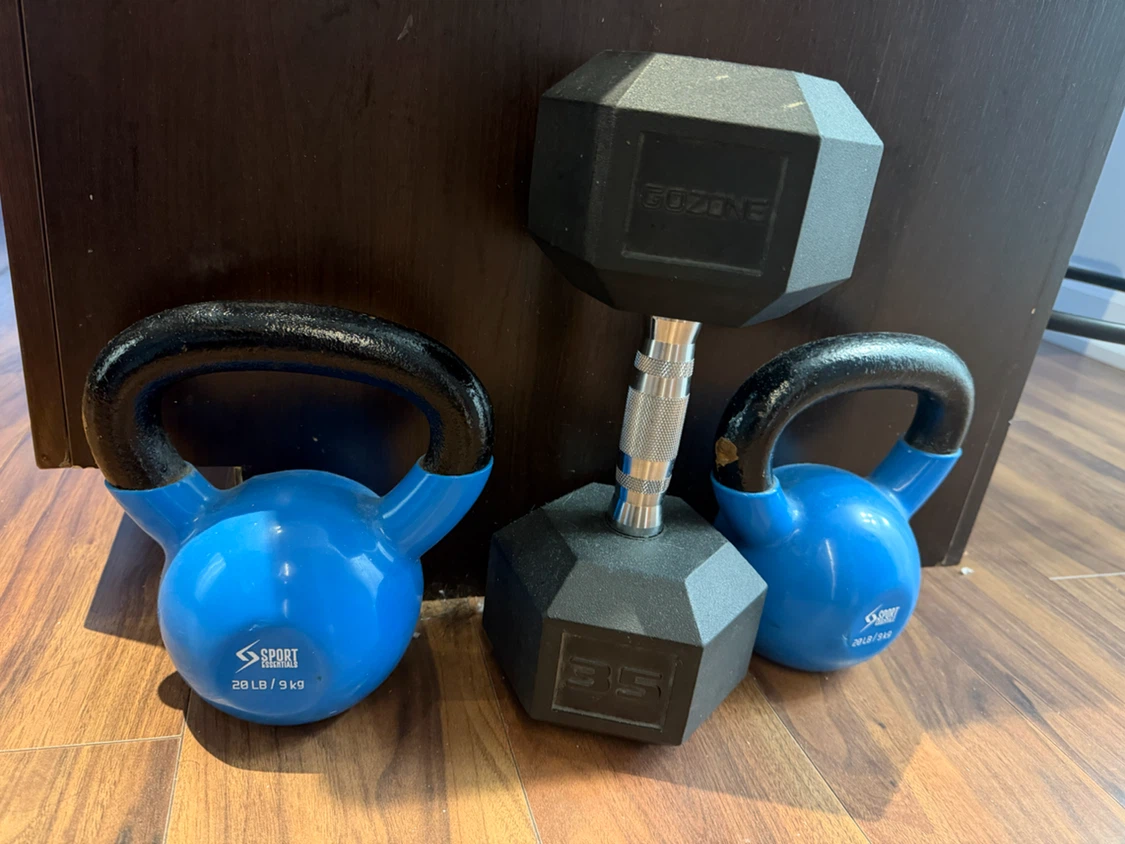 75 lb Weight Set – 35 lb Dumbbell + Two 20 lb Kettlebells – $55 - photo 2