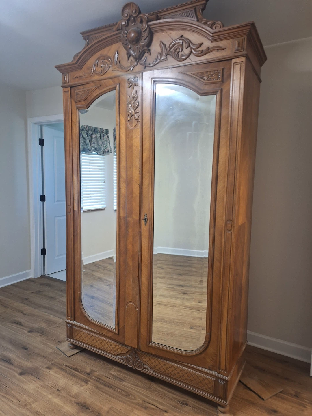 Antique French Style Carved Wood Armoire with Mirrors