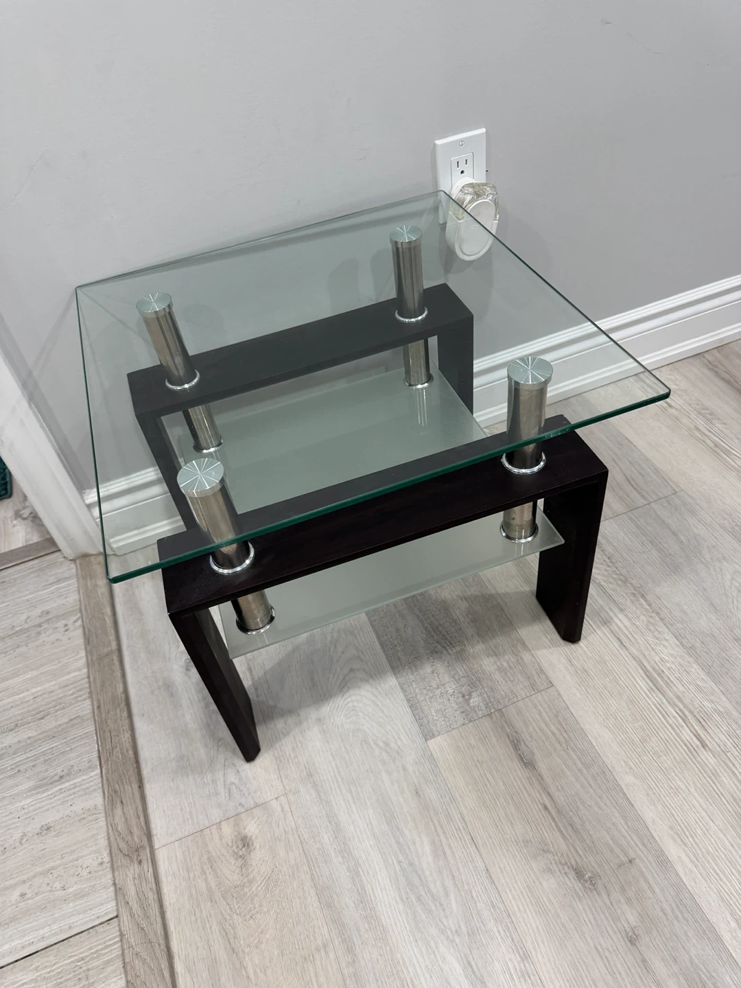 2 Modern Glass and Dark Wood End Tables