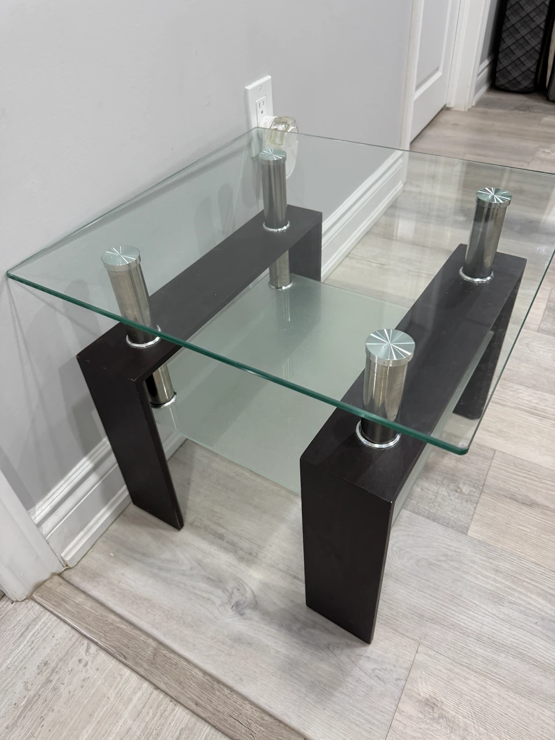 2 Modern Glass and Dark Wood End Tables - photo 2