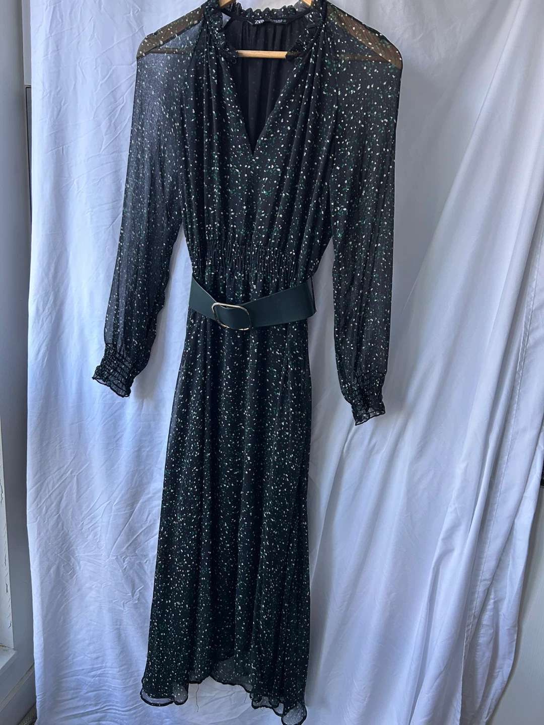 Zara Printed Maxi Dress with Belt – Size 4