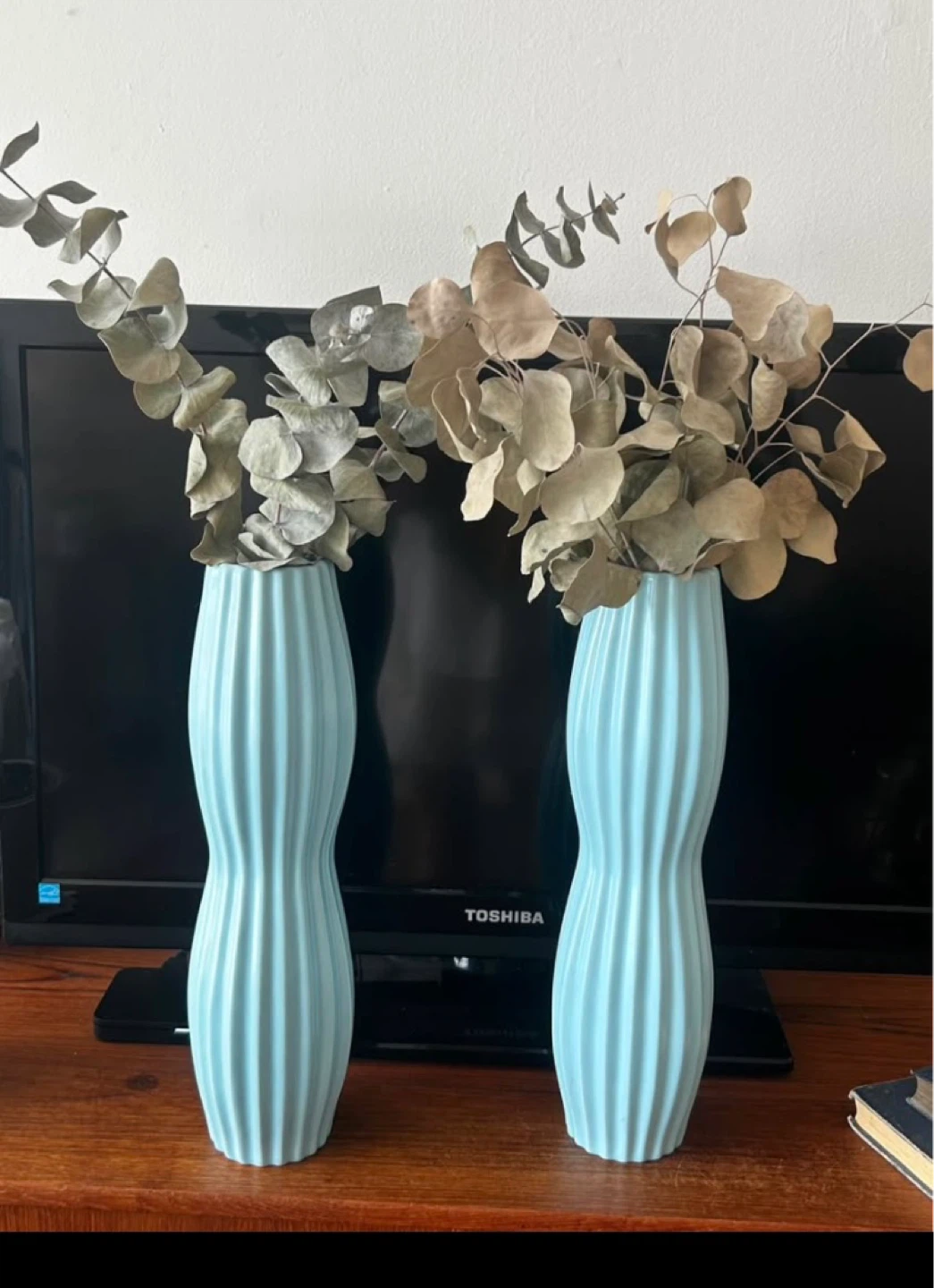 Two Light Blue Ribbed Ceramic Vases