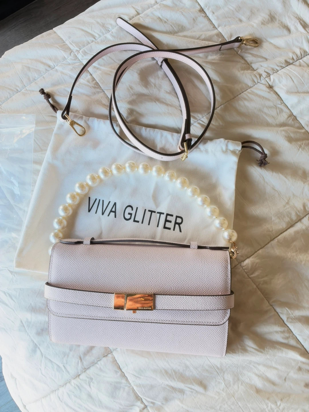 VIVA GLITTER Light Pink Pearl Handle Bag